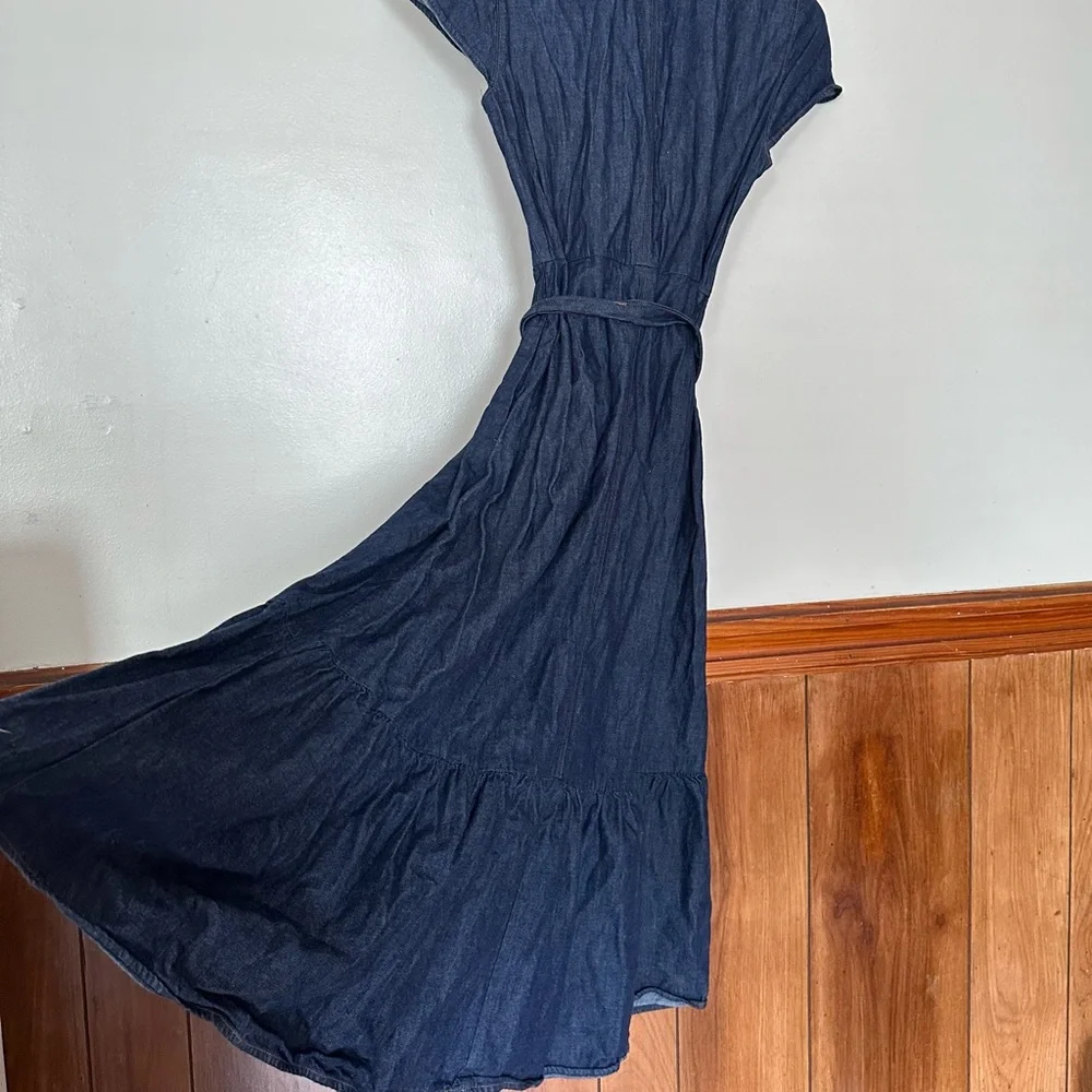 J. Crew Denim Tie Waist Tiered Hem Midi Dress Size 8 Old Money Preppy Minimalist - Picture 7 of 14